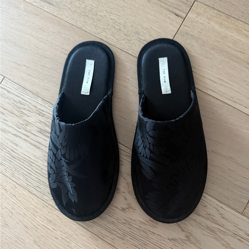 The Row Black Floral Jacquard Silk Slide Slippers